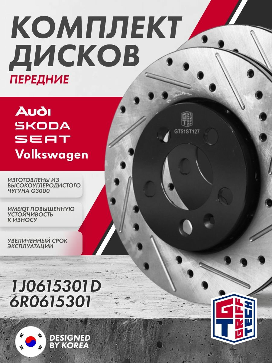 Диск тормозной 2 ШТ GRIFF TECH Фольксваген Поло Седан Шкода Октавия А4 передний 1J0615301D 6R0615301