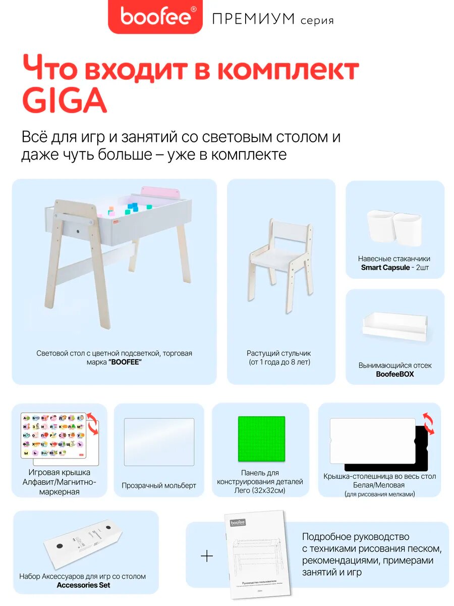 Картинки Световой стол для рисования песком для детей Boofee с крышкой и стулом, игровой крышкой, прозрачным мольбертом, панелью для конструирования (комплект растущий стол со стульчиком)