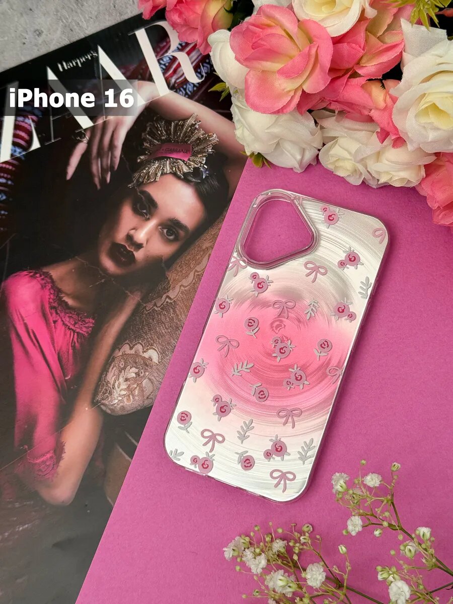 Чехол на iPhone 16 с принтом розовый глянцевый бампер накладка защитная