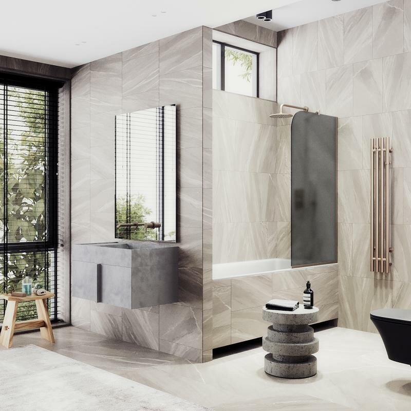 фото Maybah Glass Неподвижная шторка для ванны в узком профиле 80 см, стекло тонированное (графит) матовый, профиль бронза MGV-88-2у Maybah Glass