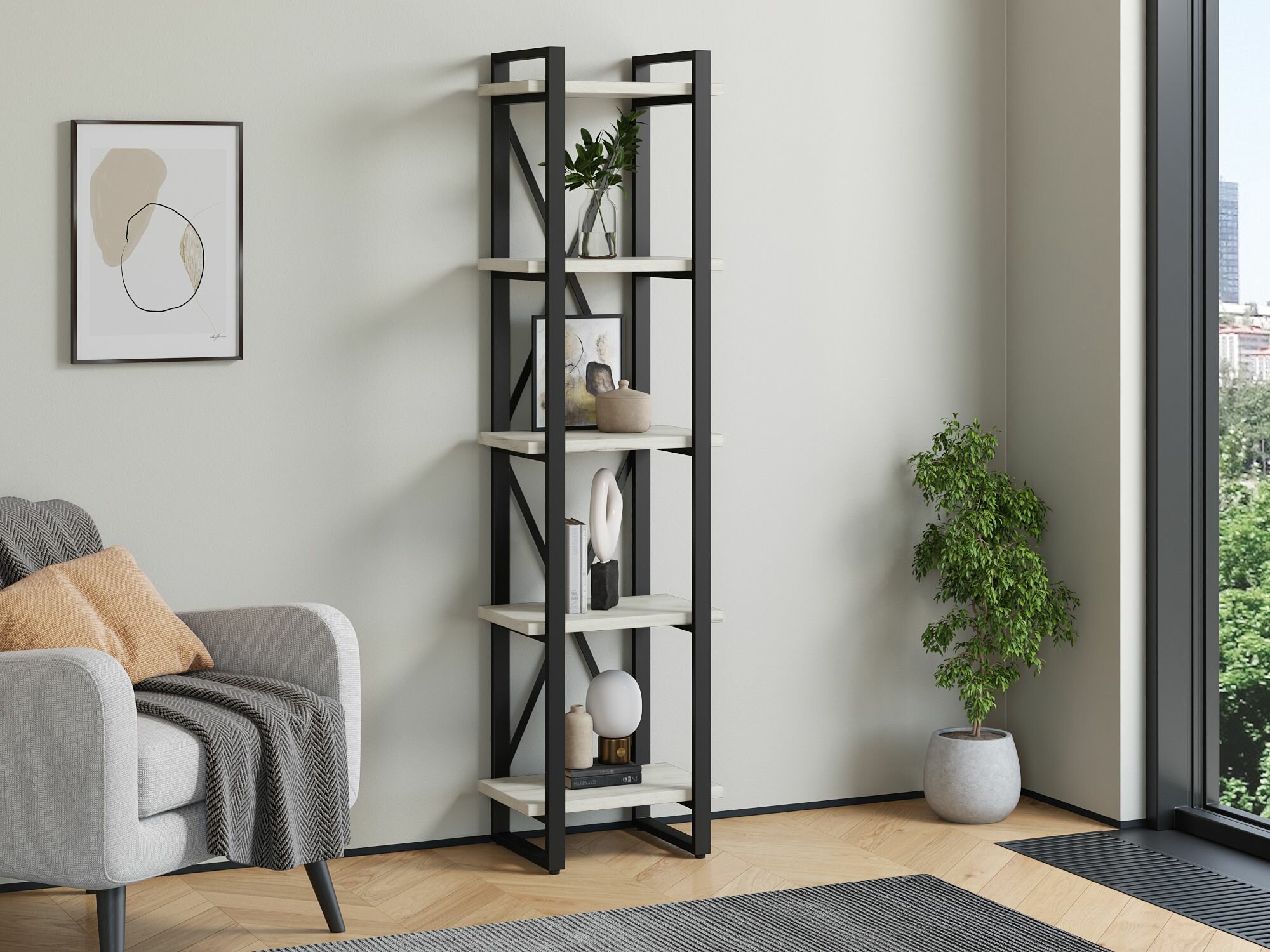 фото Стеллаж Айсберг Лофт 40х182-2 черный/дуб крафт белый