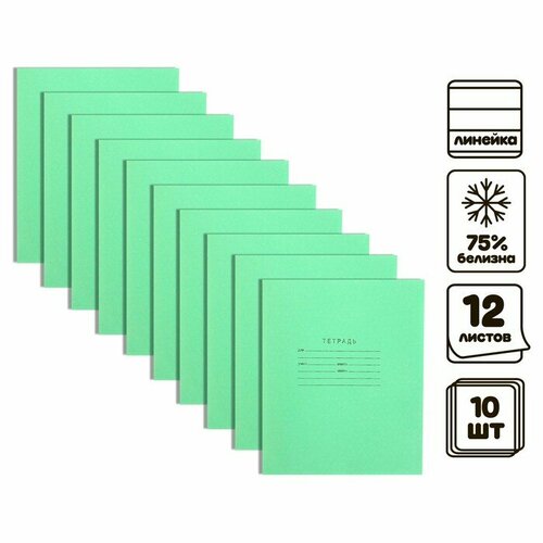 Комплект тетрадей из 10 штук, 12 листов в линию КПК Зелёная обложка, блок №2, белизна 75% (серые листы)