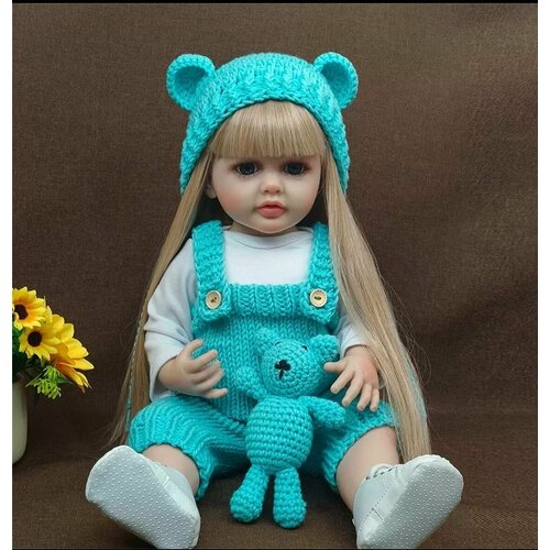 Кукла reborn силиконовая блондинка в голубом комбинезоне интерактивная