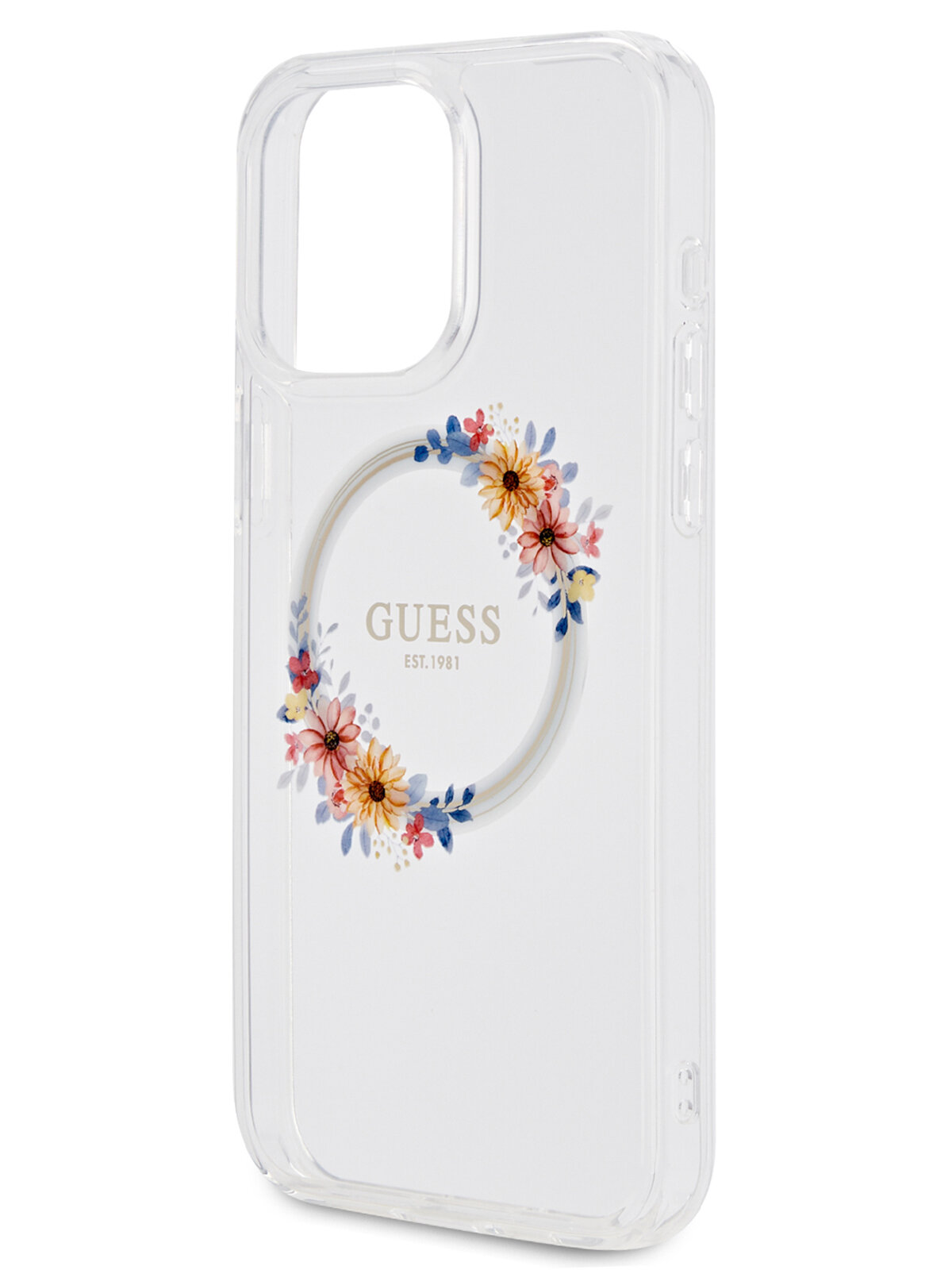 Guess для iPhone 15 Pro Max чехол PC/TPU Flowers Wreath Hard Transparent (MagSafe)