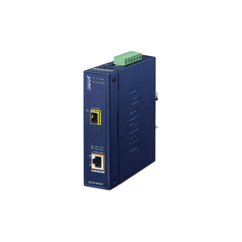 Медиа конвертер/ PLANET IGUP-805AT Industrial 1-Port 100/1000X SFP to 1-Port 10/100/1000T 802.3bt PoE++ Media Converte