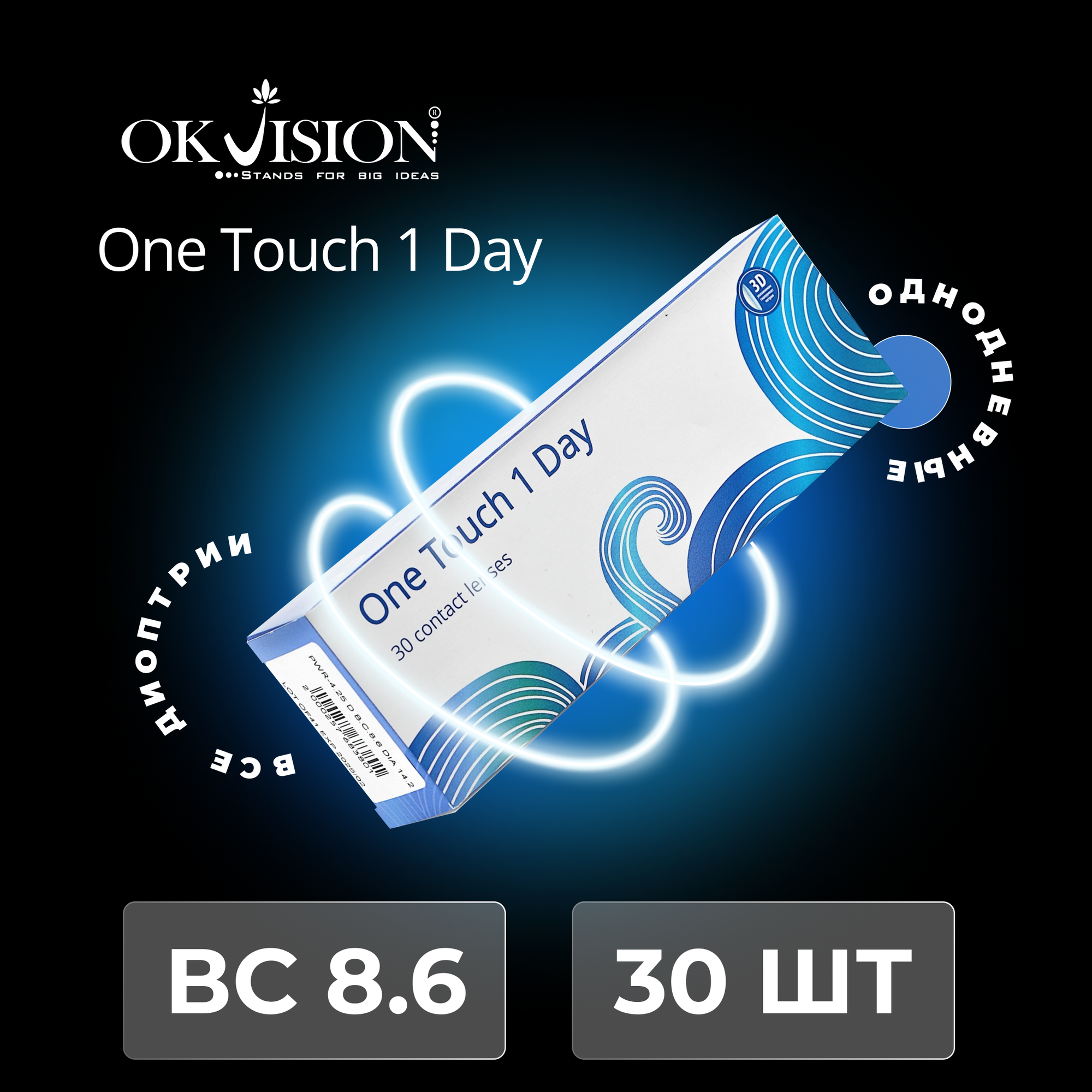 Контактные линзы OKVision One Touch 1 Day Однодневные, -7.00 8.6, 30 шт.