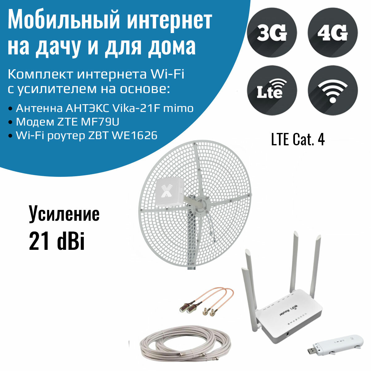 Комплект 3G/4G Дача-Максимум (Роутер WiFi модем ZTE MF79U антенна Vika-21F MIMO 21 дБ)