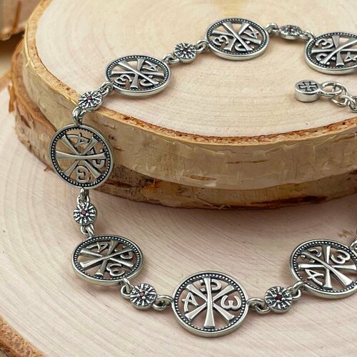 Браслет-цепочка Русские Мастерские Браслет Хризма, серебро, 925 проба, чернение, оксидирование, гранат