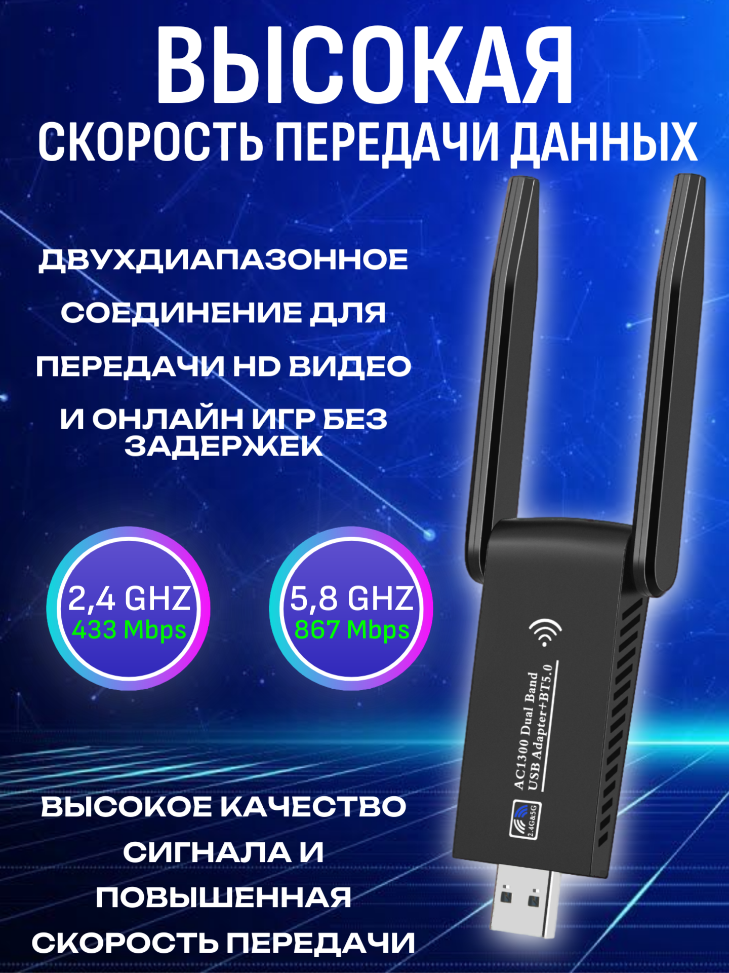 WiFi+Bluetooth адаптер AC1300 (8822BU) USB 3.0, BT5.0, 802.11ac, 1300Мбит/с