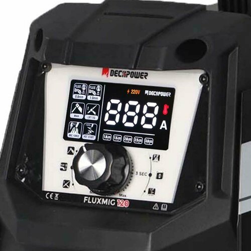 Сварочный полуавтомат инверторного типа DECAPOWER FLUXMIG 120, БЕЗ ГАЗА, MIG (FLUX), ММА, LIFT TIG, 3 в 1