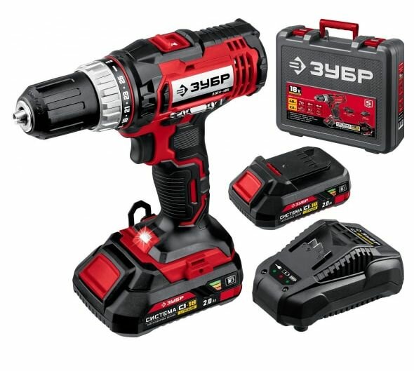Дрель-шуруповерт акк ЗУБР ДШЛ-185-22 18В, 2 АКБ (2Ач) в кейсе