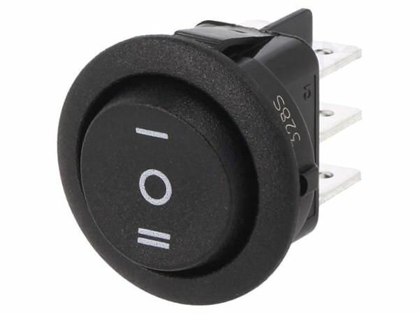 Переключатель клавишный CANAL ELECTRONIC MR3230R6BBNWC, DP3T, Пол: 3, ON-OFF-ON, 10A-250ВAC, черный, без подсветки, 20 мОм