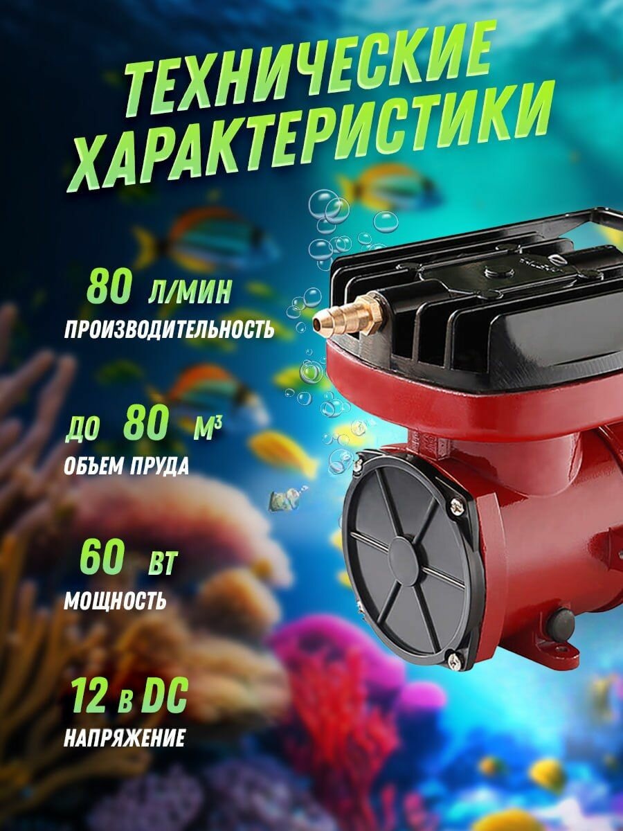 Компрессор для аквариума, аэратор для пруда, HZ 080 Pondtech, 12 В, 80 л/мин, до 80 м3, поршневой — фото 1