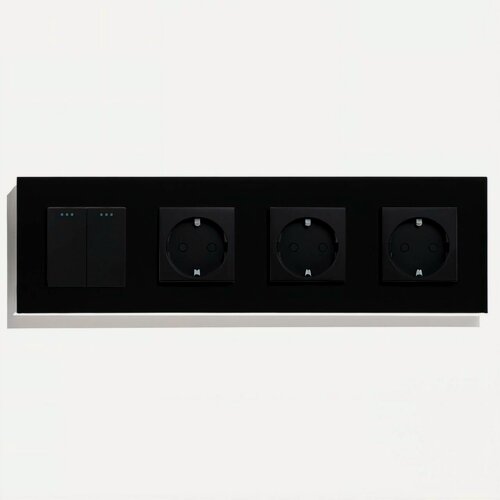 Изображение товара Выключатель с розеткой, 2 клавиши 3 розетки, 4 поста (M2+3F) рамка стекло 299х86мм цвет черный