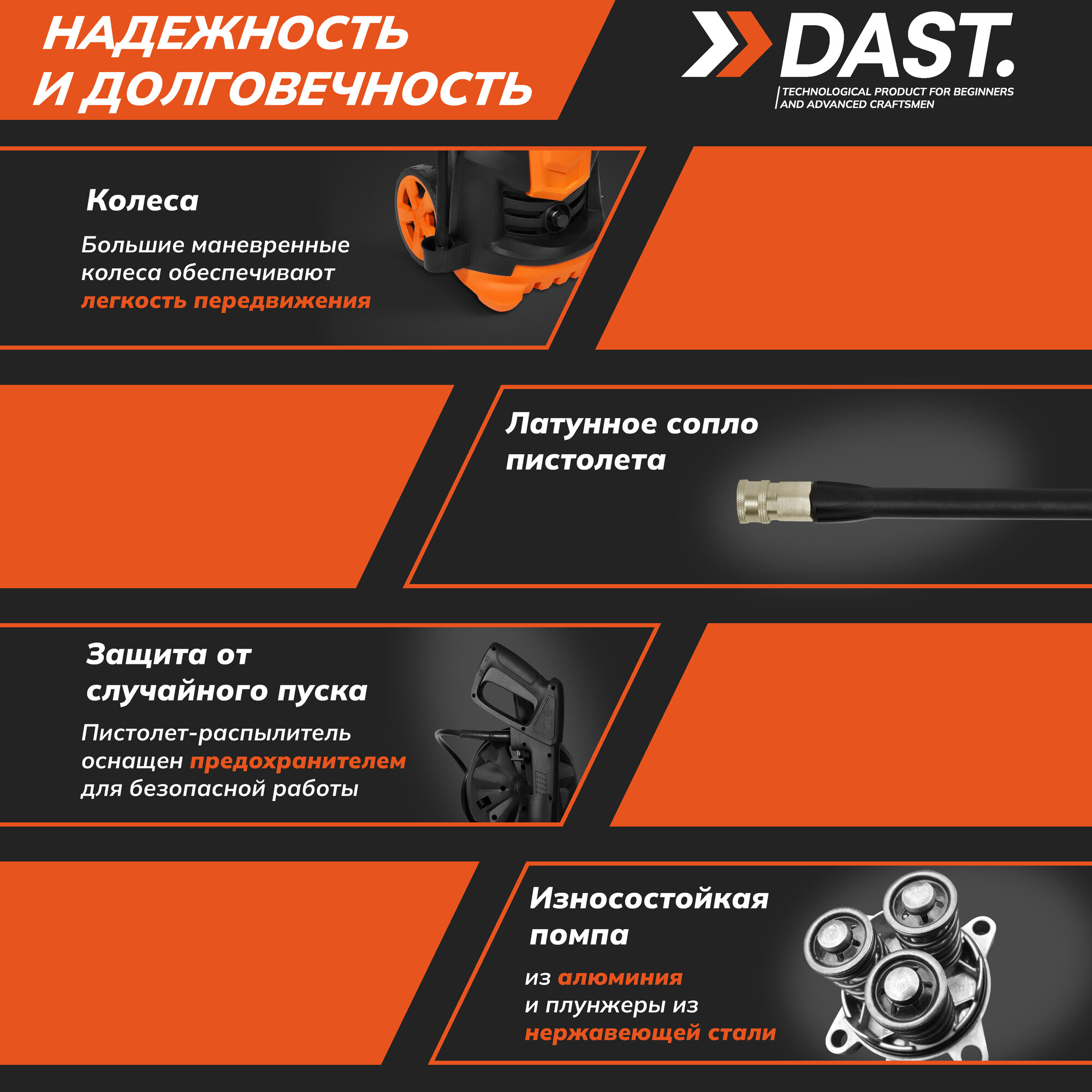 Мойка высокого давления 2800 Вт, 230 бар - 190 бар, 500 л/час, пеногенератор, шланг 8 м, кабель 5 м, DAST DMVD-2800S — фото 1