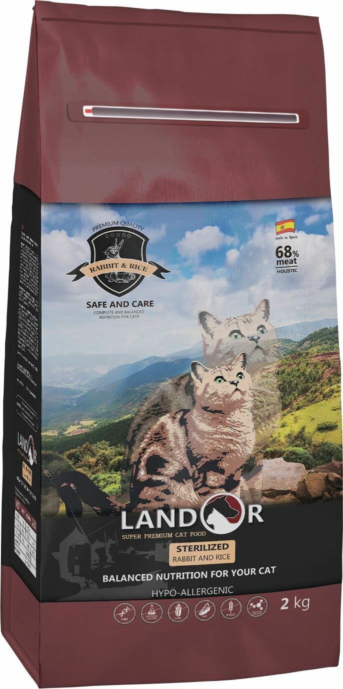 Landor Sterilized & Light for a Cat сухой корм для кошек с избыточным весом и стерилизованных (Кролик, рис, 2 кг.) - фото №2