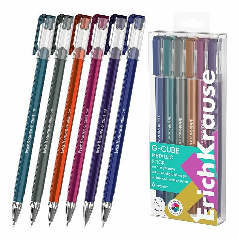 Набор из 6 ручек гелевых ErichKrause G-Cube® Stick Metallic 1.0, цвет чернил ассорти 61307
