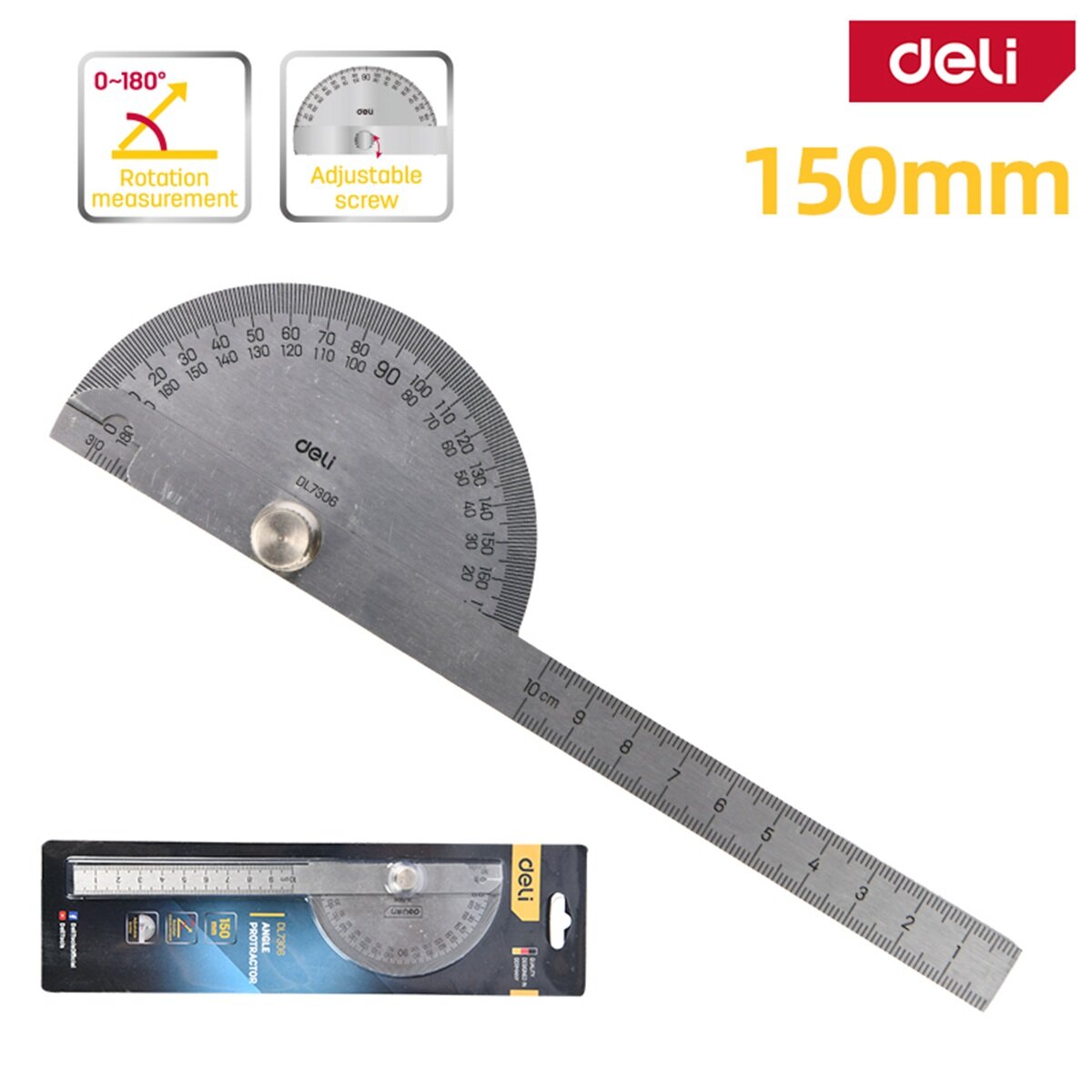 Транспортир переставной с линейкой Deli DL7306 150мм диапазон 0-180 град нержавеющая сталь