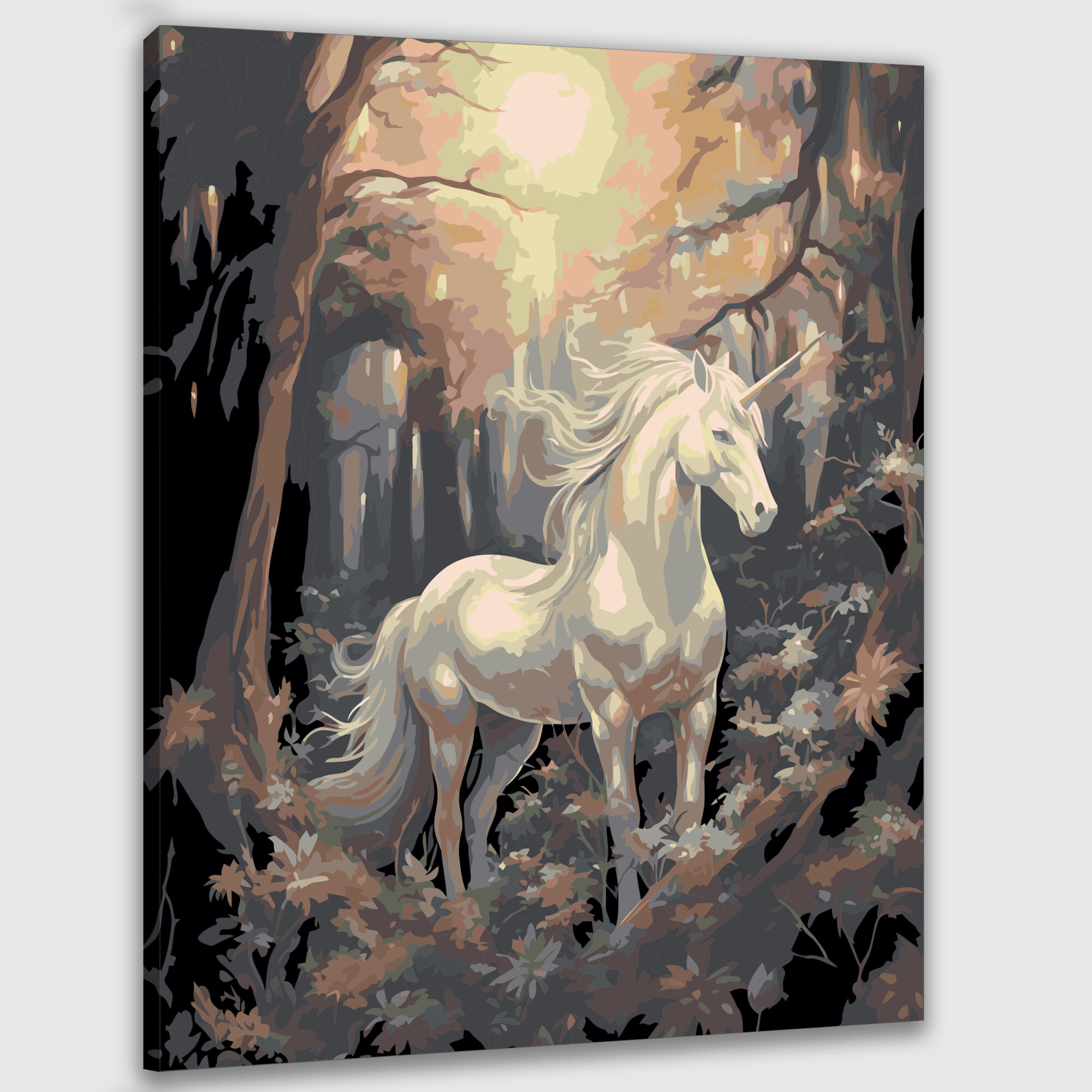Картина по номерам 40x50 см, картина, масло, единорог, лес, лунный свет, кисть, краски, шерсть, золотые вставки, листва