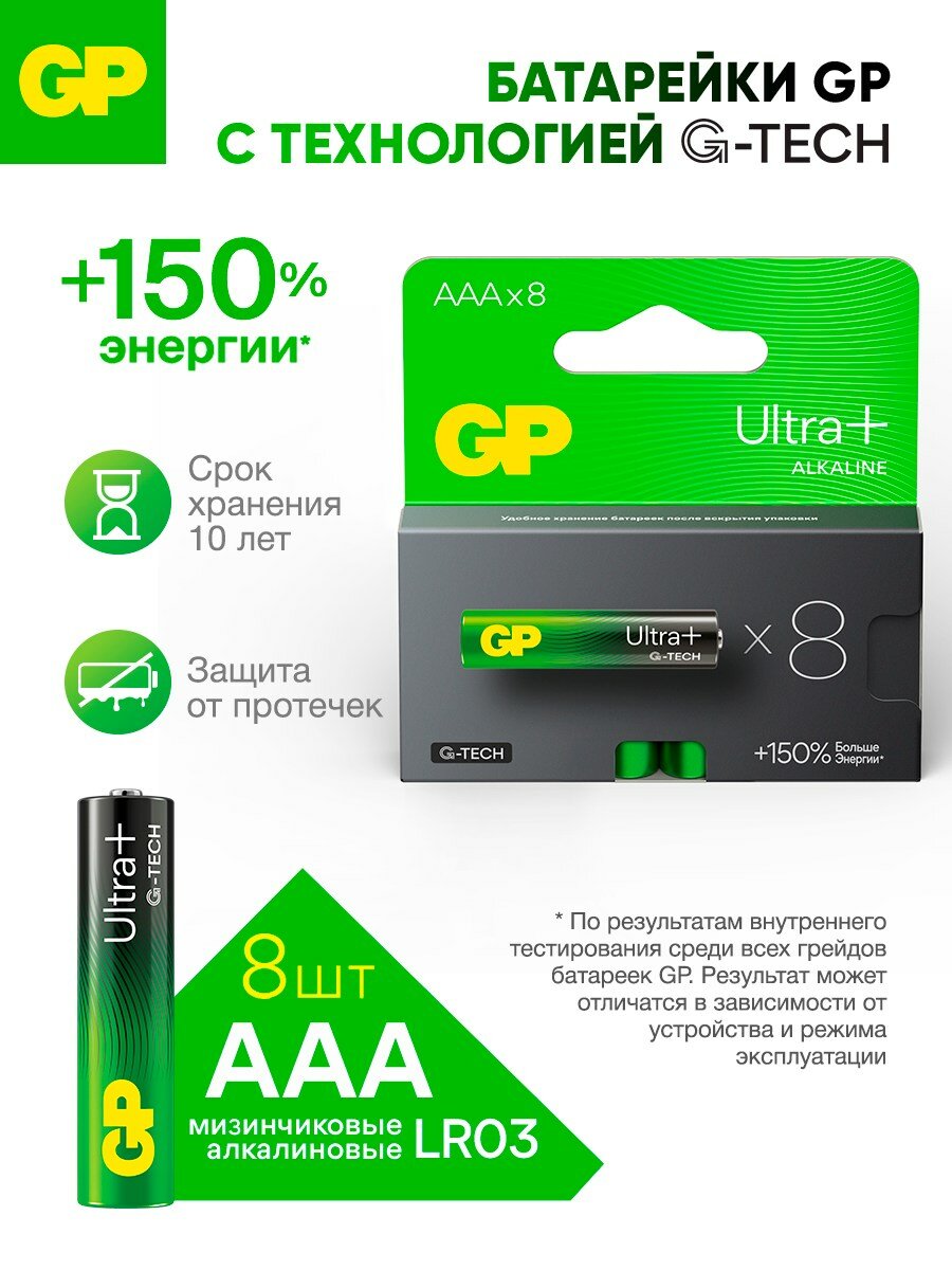 Батарейки ААА мизинчиковые алкалиновые GP G-TECH Ultra Plus 24AUPA21, набор 8 шт