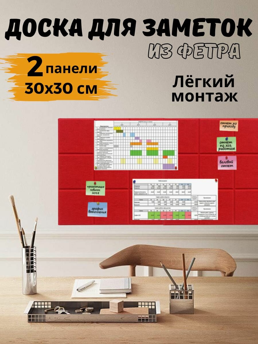 Текстильные доски для заметок и фото  настенное крепление 30x30 см войлок красные 2 шт.