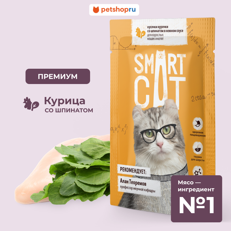 Smart Cat Паучи для взрослых кошек и котят: кусочки курочки со шпинатом в нежном соусе, 85г
