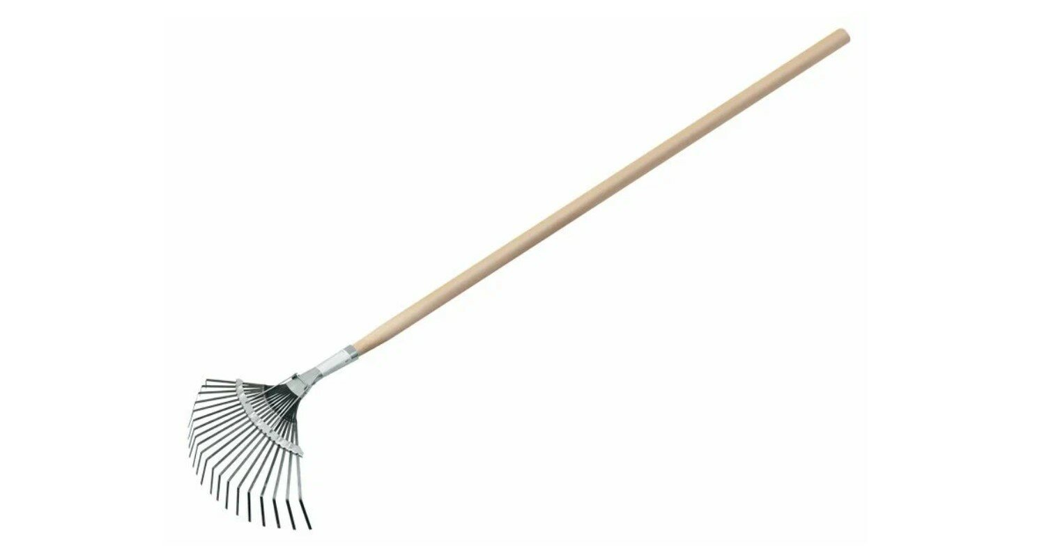 Грабли веерные пластинчатые усиленные оцинкованные с черенком 385х320 мм L 1450 мм 20 зубьев