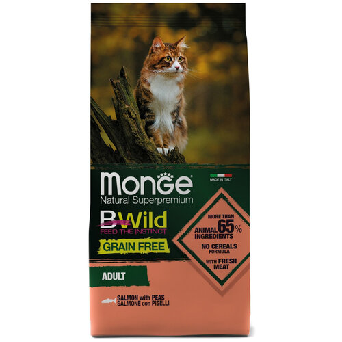 Monge Cat BWild Grain Free Сухой беззерновой корм для кошек, Лосось 10кг monge dog bwild grain free полнорационный сухой корм для собак беззерновой с ягненком картофелем и горохом 2 5 кг