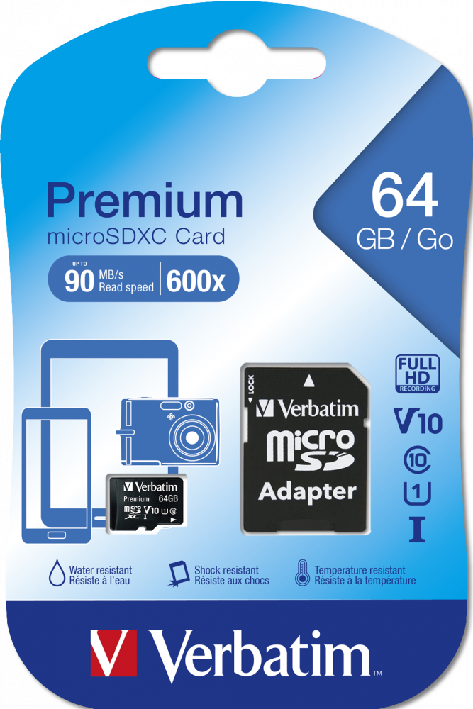 Карта памяти Verbatim Premium microSDXC 64GB UHS-I U1 V10, R 90 МБ/с с адаптером