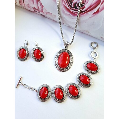 Комплект бижутерии: браслет, колье, серьги, подвеска, коралл прессованный, размер браслета 20 см, размер колье/цепочки 50 см