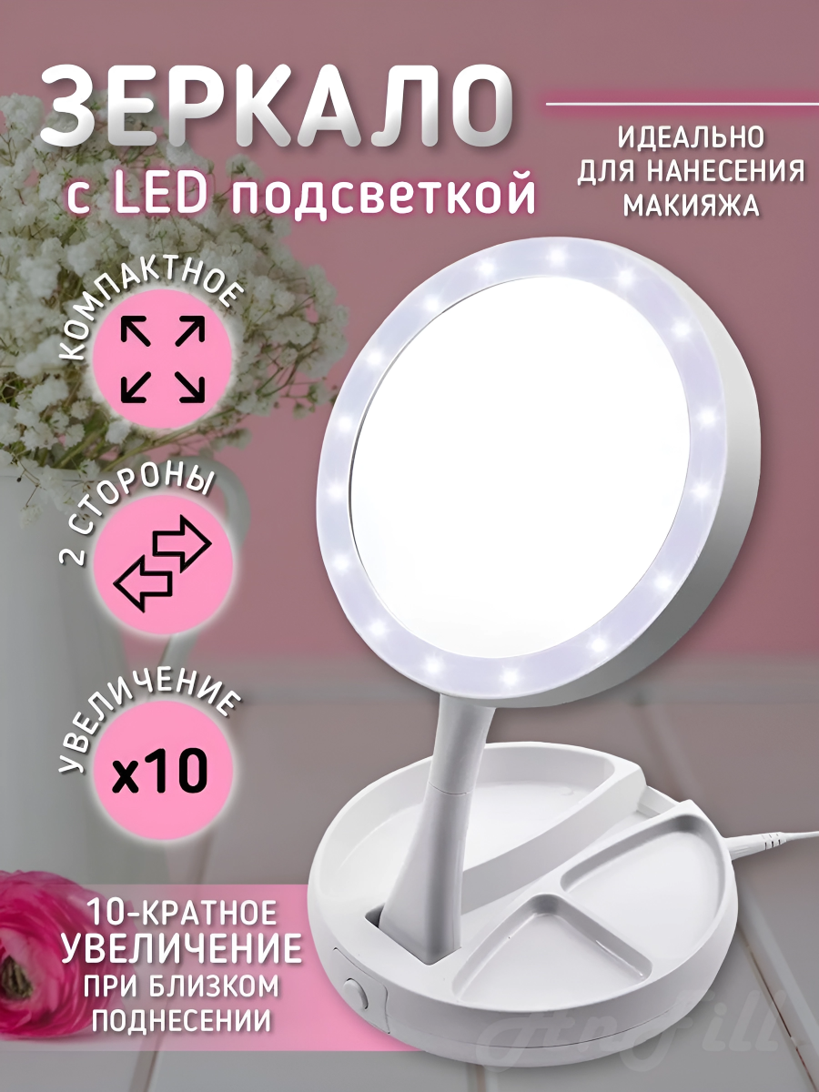 Косметическое двустороннее зеркало Goodly My Foldaway Mirror для макияжа с подсветкой и х10 увеличением