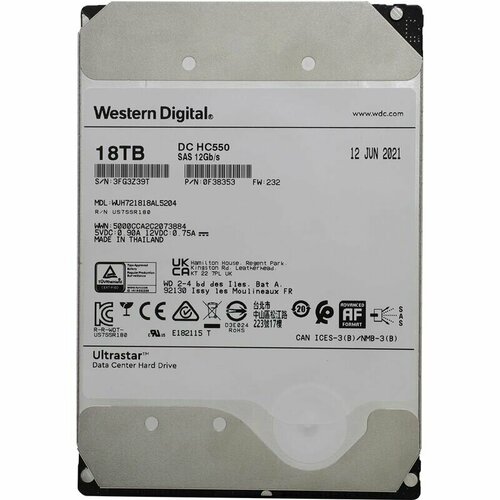 Жесткий диск Western Digital Ultrastar DC HC550 18Tb (WUH721818AL5204) wd жесткий диск western digital ultrastar dc hc550 wuh721818al5204 0f38353 18tb 3 5 7200 rpm 512mb sas 512e helium