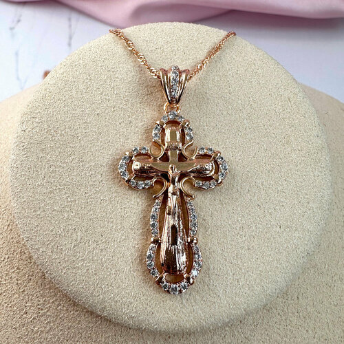 Крестик XUPING JEWELRY Женский православный нательный крестик с цирконами, средний, с цепочкой, циркон, длина 45 см, золотой