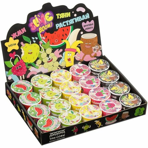 Набор слаймов мини Slime boom Взрывной фрукт 70 мл 20 шт 5 видов с блестк шоу-бокс 6418₽