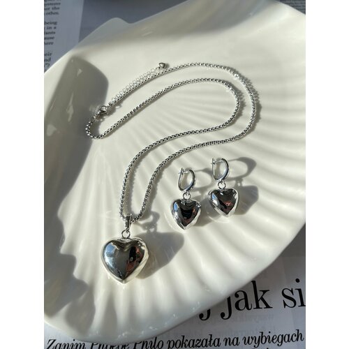 фото Комплект бижутерии only bijou chubby heart: серьги, цепь, размер колье/цепочки 54 см, серебряный