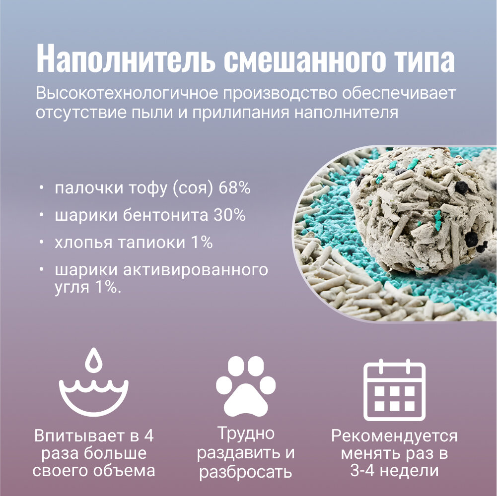 Наполнитель для кошачьего туалета ZooWell Care Mix смешанный 6 л (2 кг) с тофу и активированным углем