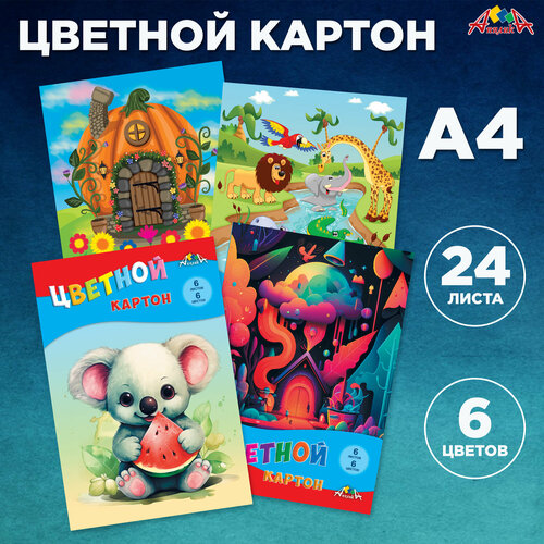 Цветной картон А4, 6 листов, 6 цветов, папка. Набор 4 шт.