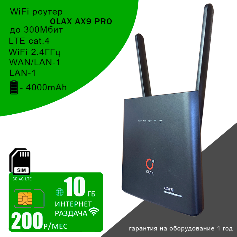 Wi-Fi роутер OLAX AX9 PRO black I АКБ 4000mAh + сим карта с интернетом и раздачей, 10ГБ за 200р/мес