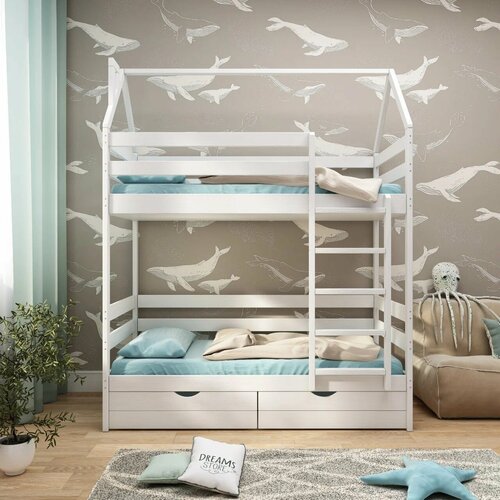 Кровать домик двухъярусная из массива Золушка-2 160*80 белая