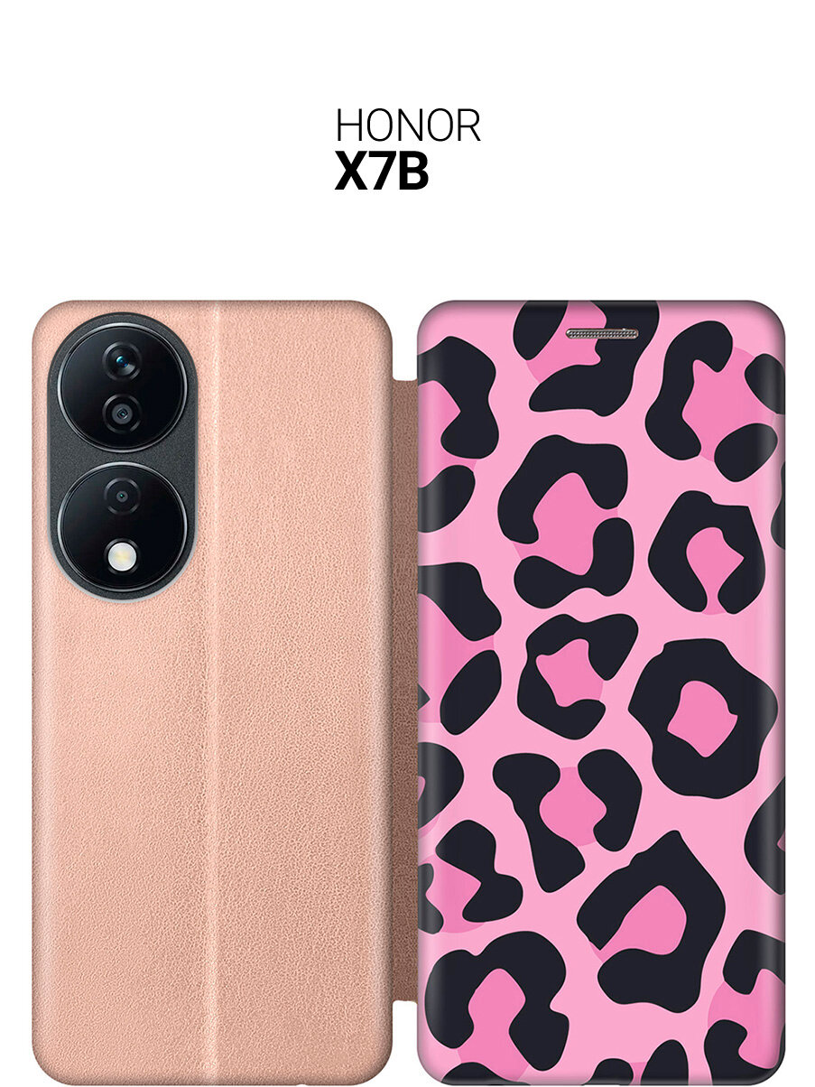 Чехол-книжка на Honor X7b с принтом "Паттерн розовый леопард" золотой