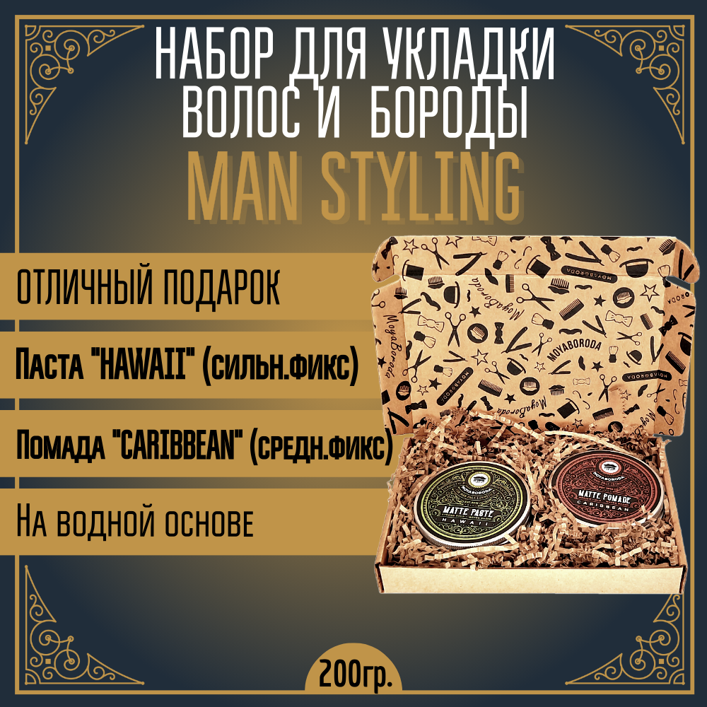 Набор для укладки волос/бороды MOYABORODA "MAN STYLING" (PASTE+POMADE, матовый эффект), 2x100мл