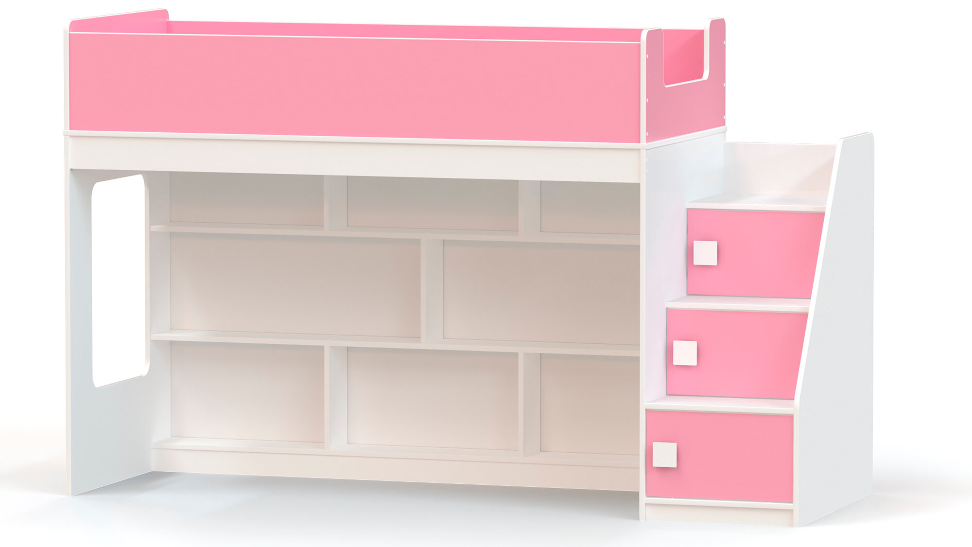 фото Кровать-чердак с игровой зоной и угловой лестницей Ridgimmi 3.3 белый / розовый