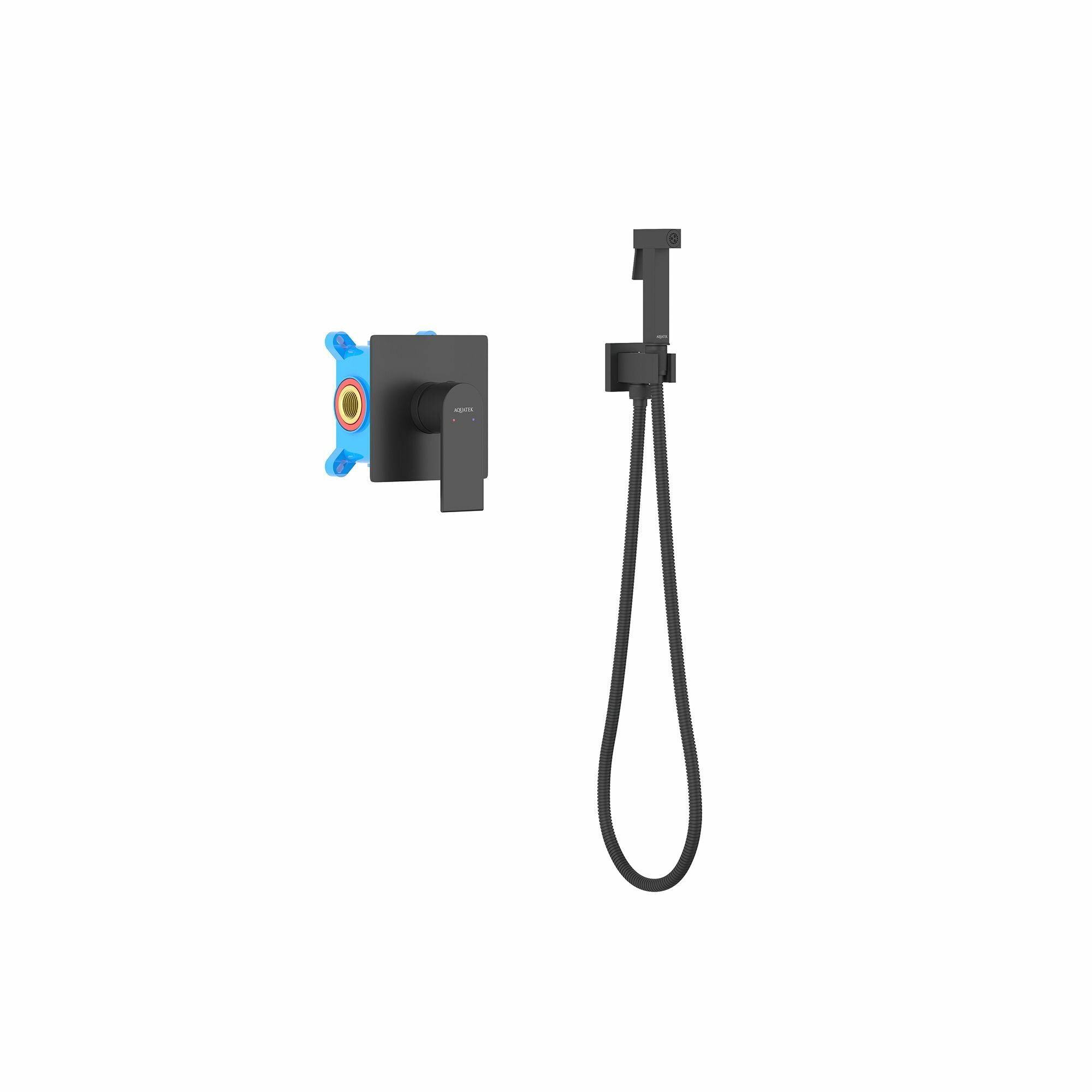Набор с гигиеническим душем (смеситель + гигиеническая лейка + шланг + шланговое подсоединение с держателем) AQUATEK, матовый черный AQ1419MB лира, Черный матовый