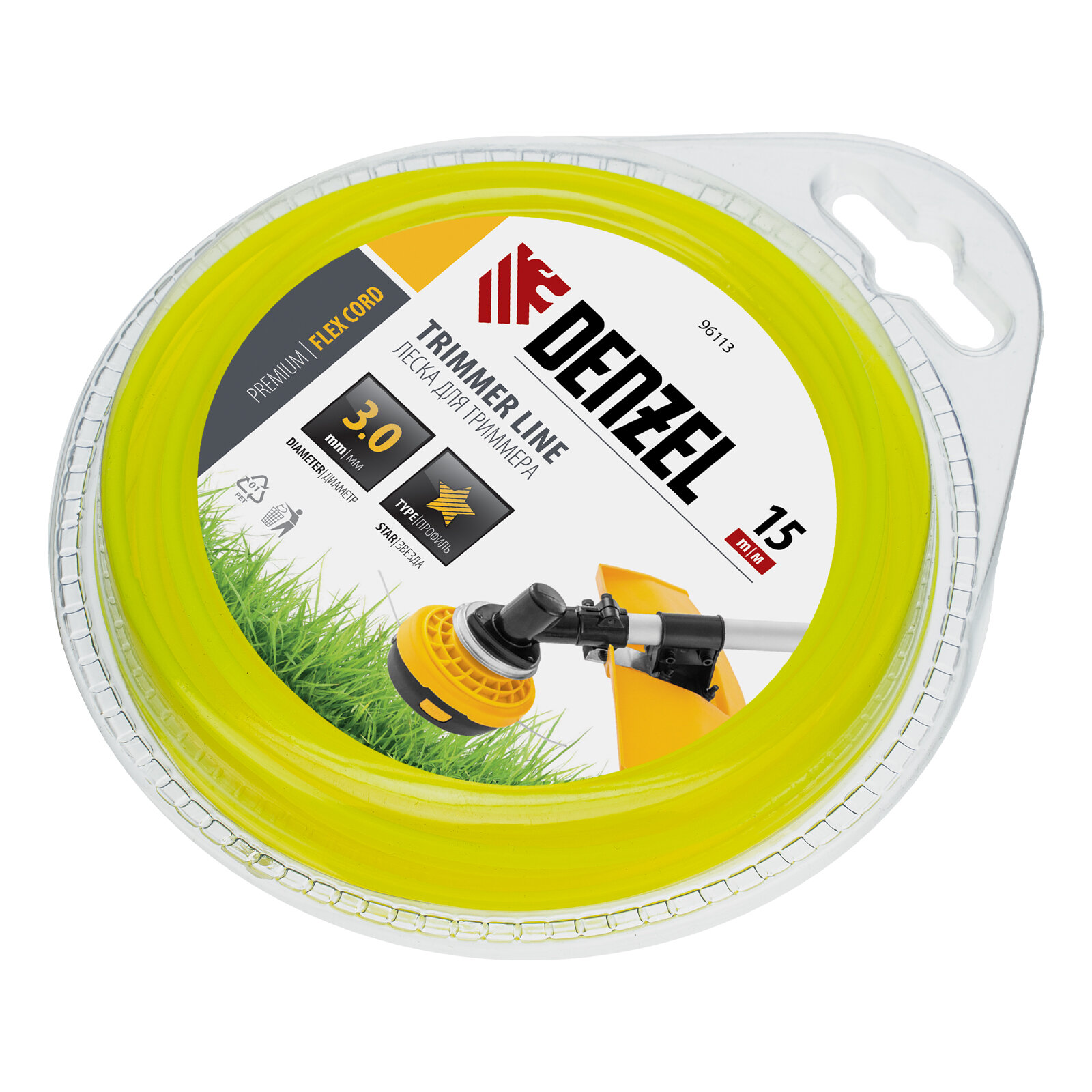 леска для триммера 3,0 (15м) звездочка flex cord, denzel 96113 - фото №1