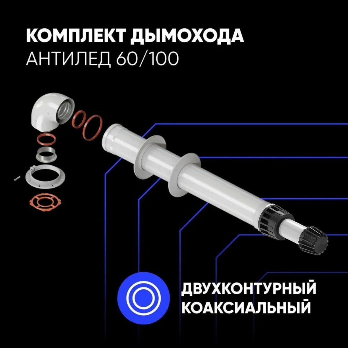 фото Комплект дымохода антилед 60/100 - 1000мм рабочая длина (IMMERGAS) со стальным фланцем