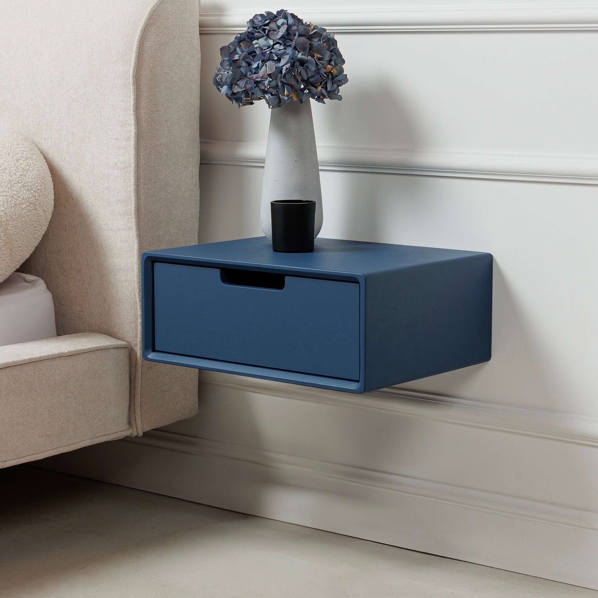 Тумба прикроватная подвесная с выдвижным ящиком из дерева (как IKEA), тумбочка полка консоль деревянная навесная офисная синего цвета, эмаль