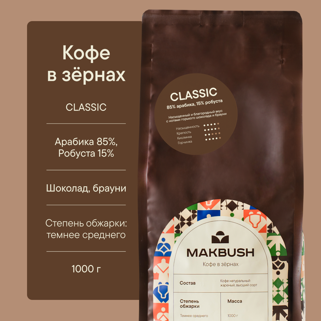 Кофе в зёрнах MakBush CLASSIC, 85% арабика, 15% робуста, свежеобжаренный, 1 кг