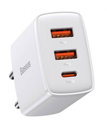 Сетевое зарядное устройство Baseus Compact Quick Charger, 2USB-A + USB-C, 30 Вт, EU, белый
