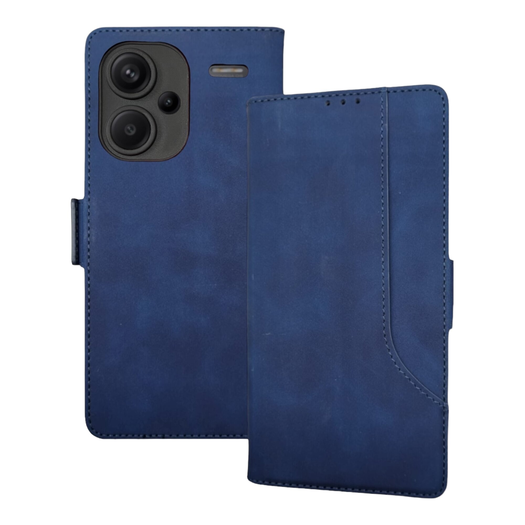 Чехол книжка с карманом кошельком для вашего смартфона Xiaomi Redmi Note 13 Pro+ (6.67"), темно-синий. Матовая текстура под кожу, дополнительный карман на крышке чехла, отделения для карт и купюр — фото 1