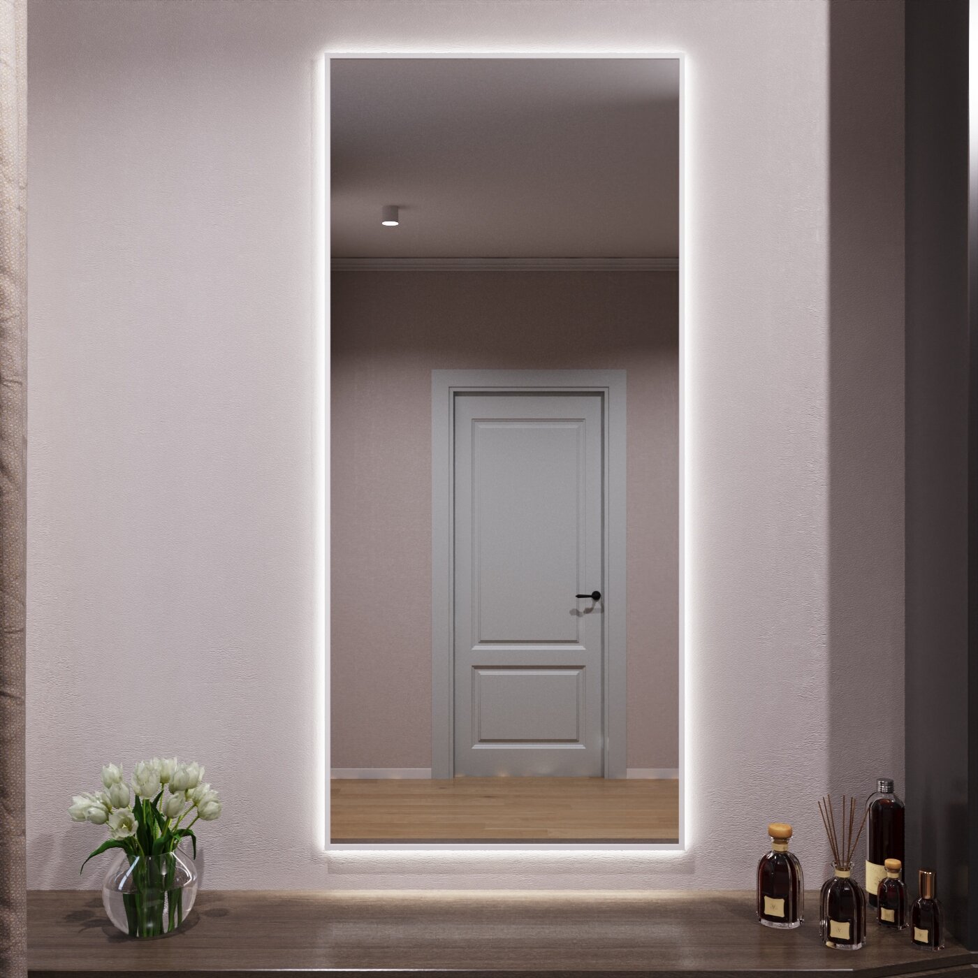 Зеркало с подсветкой в алюминиевой раме настенное Market-house 140х60 см. Свет: Нейтральный Белый 6000К. Белое